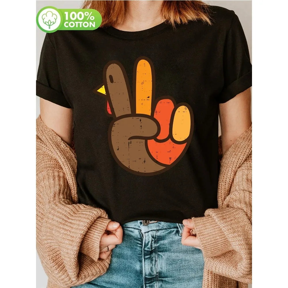 Womens Thanksgiving Hand-Painted Turkey Peace Symbol Short-Sleeve T-Shirt Soft Crew Neck Top Casual Hippie Style All-Season Wear