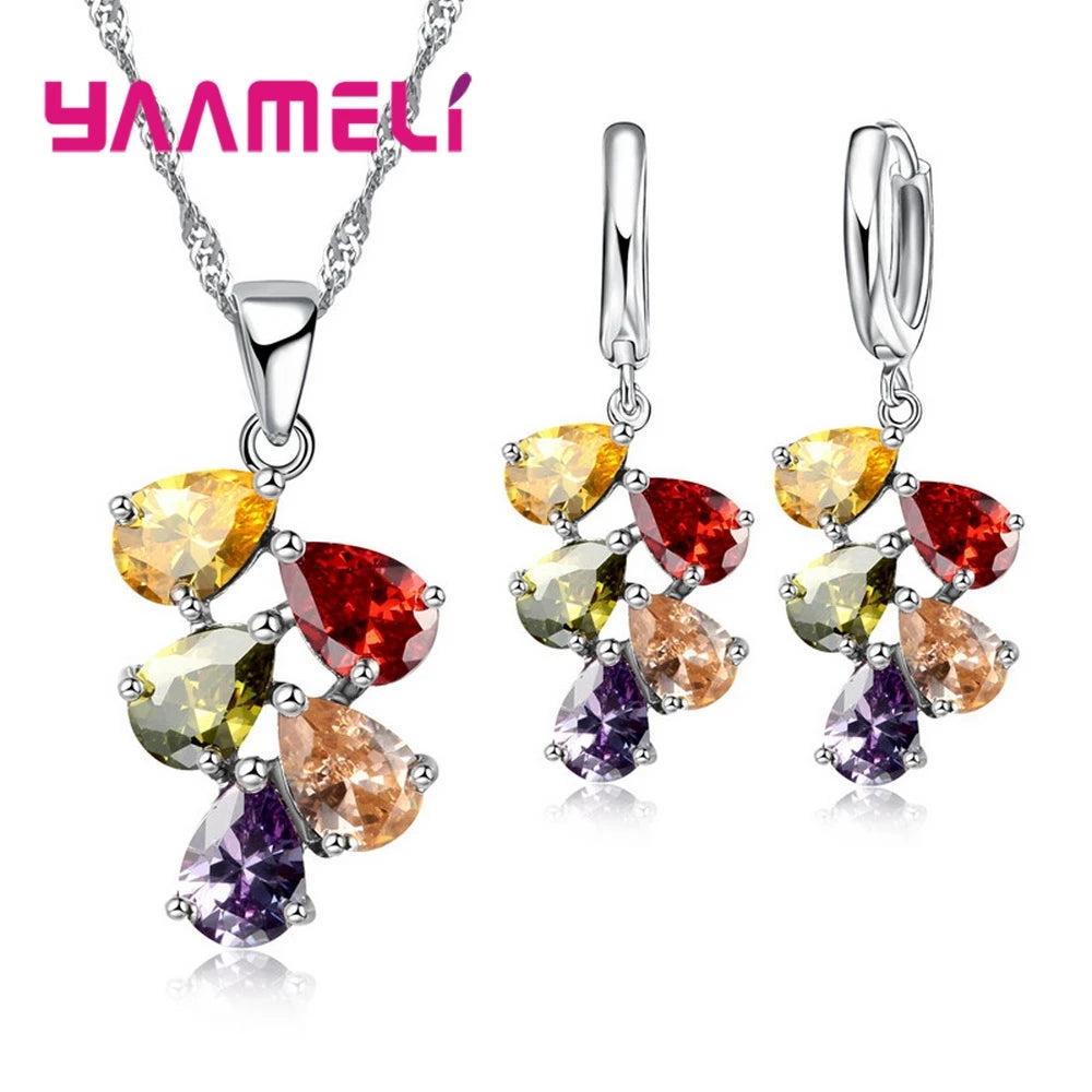 Anniversary Gift For Women Trendy 925 Sterling Silver Jewelry Sets Cubic Zirconia Pendants Necklaces Charm Hoop Earrings