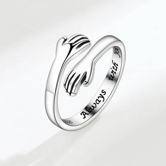 Vintage Silver Color Love Hugging Hands Couple Ring For Men And Women Always With You Forever Adjustable Open Cuff Rings Jewelry