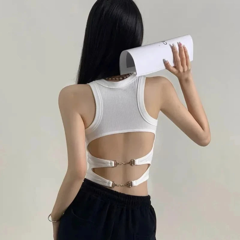 Women Sports Tank Sexy Backless Tops with Bra Pad Casual Crop Tops Backless Knitt Running Camisole for Women Y2K Streetwear Tops
