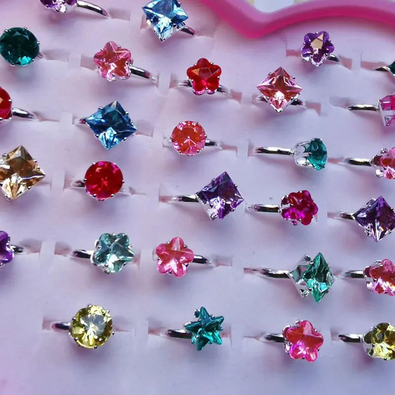 10pcs New Children's Crystal Rings Colorful Star Flower Shape Adjustable Alloy Finger Rings Kids Girls Toys Without Box