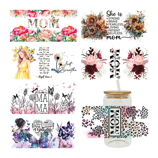 MOM MAMA Mather's Day Sticker UV DTF Cup Wrap Iron On Transfer For Glass Can Wraps 16oz Libbey D2727