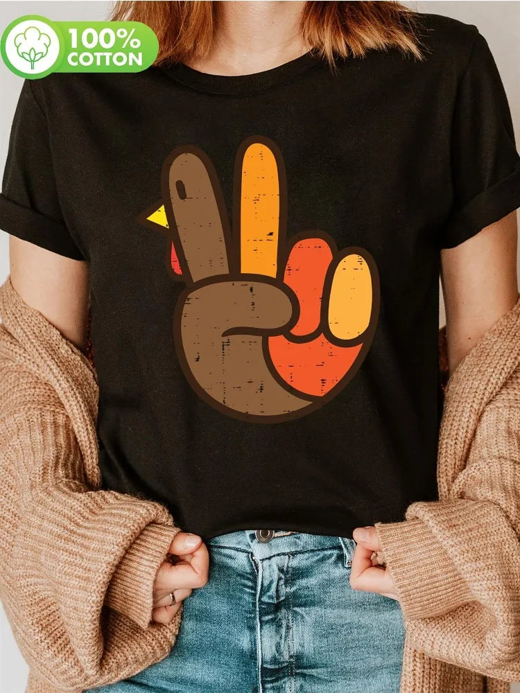 Womens Thanksgiving Hand-Painted Turkey Peace Symbol Short-Sleeve T-Shirt Soft Crew Neck Top Casual Hippie Style All-Season Wear