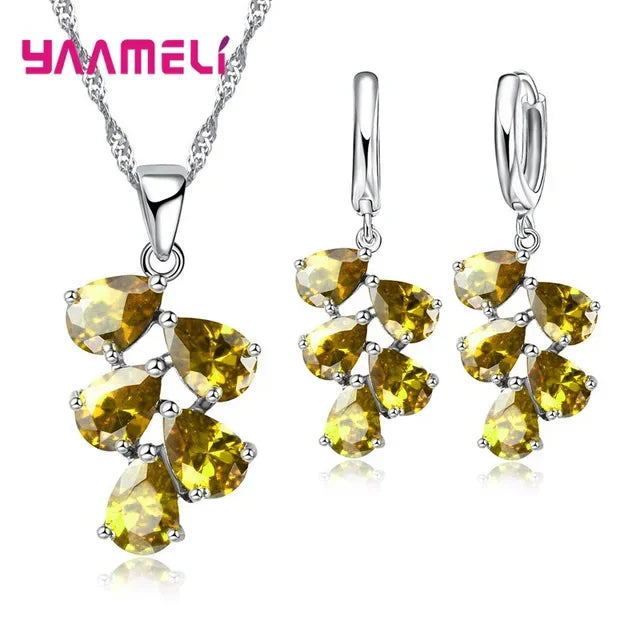 Anniversary Gift For Women Trendy 925 Sterling Silver Jewelry Sets Cubic Zirconia Pendants Necklaces Charm Hoop Earrings