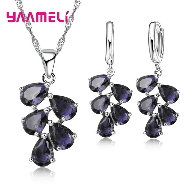 Anniversary Gift For Women Trendy 925 Sterling Silver Jewelry Sets Cubic Zirconia Pendants Necklaces Charm Hoop Earrings