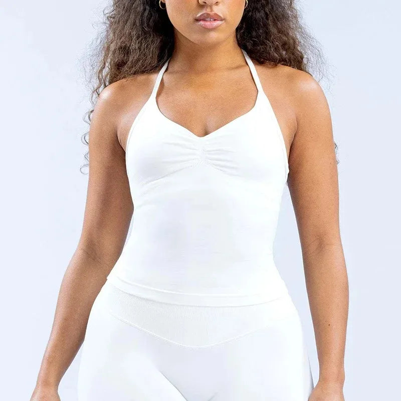 Gym Beautiful Open Back Bra Running Workout Halter Impact Longline Strappy Top Sports Yoga Vest Women's Fitness Tank Top