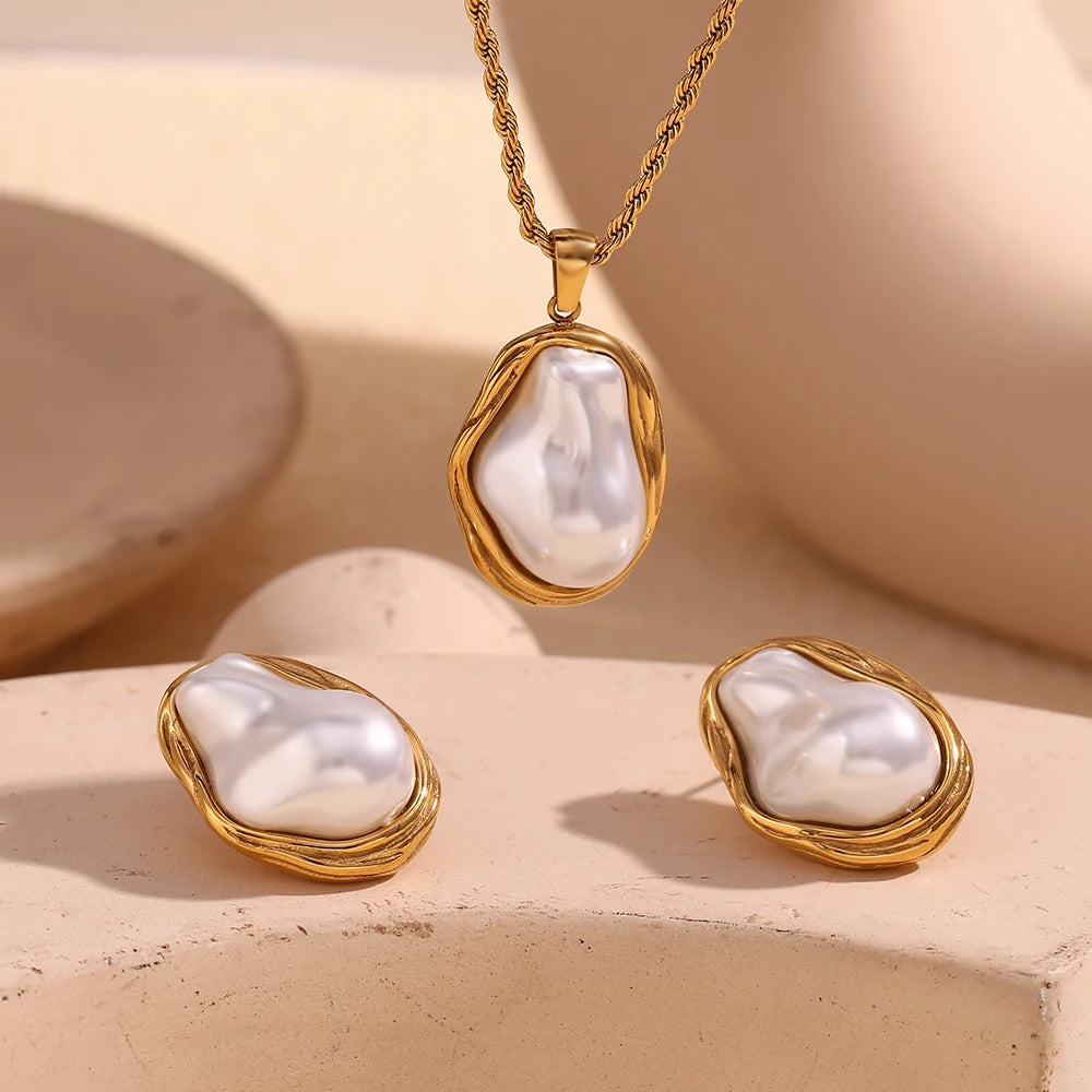E.B.belle Alien Baroque Imitation Pearl Patterned Earring Necklace 18K Gold Plated Women's Earrings 316L Stainless Steel Jewelry