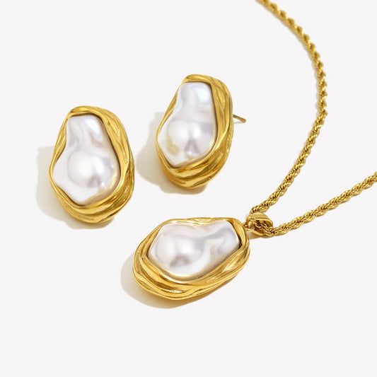E.B.belle Alien Baroque Imitation Pearl Patterned Earring Necklace 18K Gold Plated Women's Earrings 316L Stainless Steel Jewelry