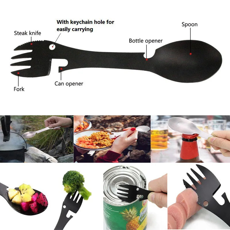 Outdoor Survival Tools 5 In 1 Camping Multi-Functional EDC Practical Kit Fork Knife Spoon Bottle/Can Opener