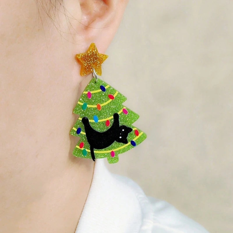 KUGUYS Christmas Gifts Lovely Women's  Drop Earrings Cartoon Cat Tree Acrylic New Year Jewellery