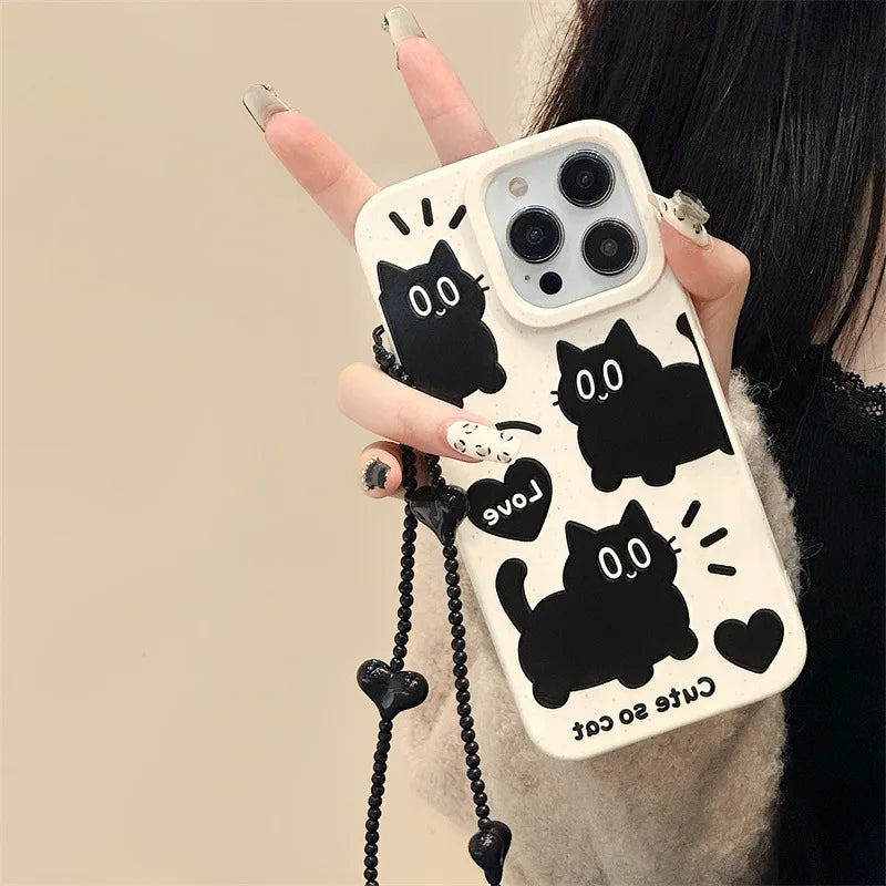 Korea Cute Cartoon Black Cat Wheat Phone Case For iPhone 15 14 13 12 11 Pro Max MINI 8 7 Plus XS XR 15PRO Love Chain Back Cover