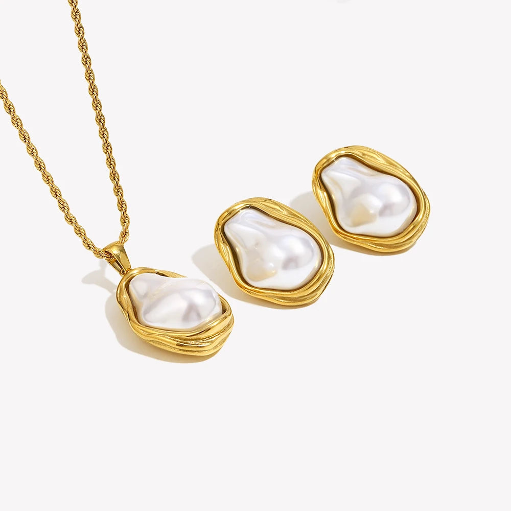 E.B.belle Alien Baroque Imitation Pearl Patterned Earring Necklace 18K Gold Plated Women's Earrings 316L Stainless Steel Jewelry