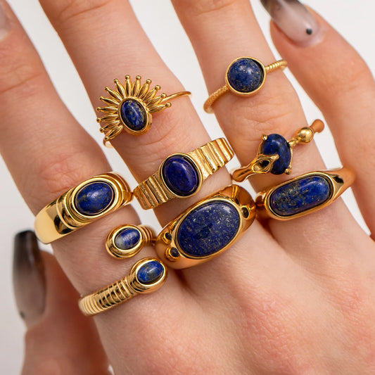 Youthway 18K Plated Gold Stainless Steel Lapis Lapis Cast Ring 2023 Fashion Jewelry for Women Textured Gift 2023 NEW