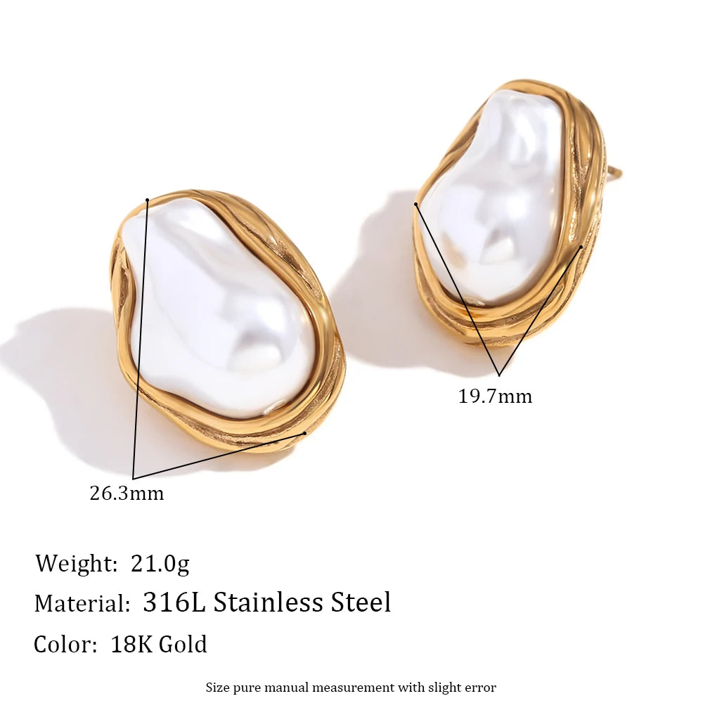 E.B.belle Alien Baroque Imitation Pearl Patterned Earring Necklace 18K Gold Plated Women's Earrings 316L Stainless Steel Jewelry