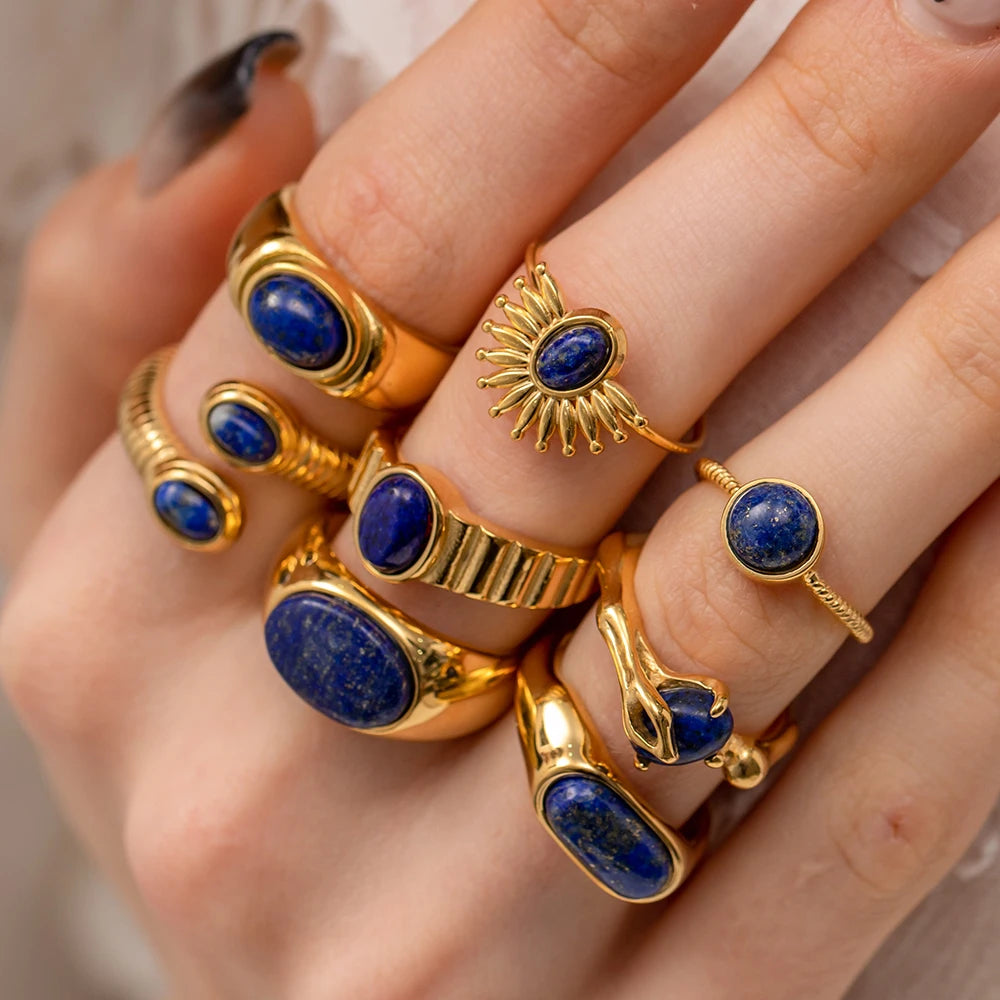Youthway 18K Plated Gold Stainless Steel Lapis Lapis Cast Ring 2023 Fashion Jewelry for Women Textured Gift 2023 NEW