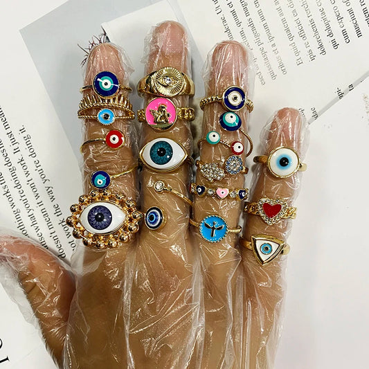 1PC Bohemian Ethnic Metal Enamel Evil Eye Ring For Women Vintage Punk Zircon Heart Blue Eye Finger Ring Turkey Jewelry Gift