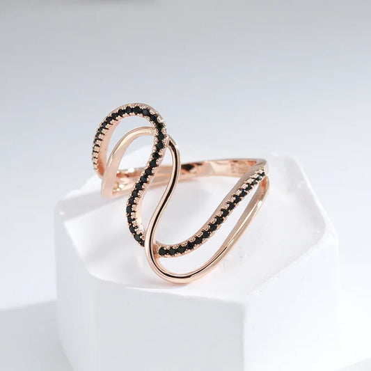 Exaggerated Design Full Black Zircon Double Twist Women's Rings 585 Gold Color Gothic Jewelry Party Daily Unusual Accessories