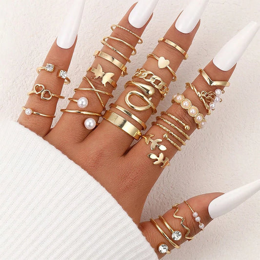 Vintage Gold Color Heart Butterfly Rings Set For Women Boho Metal Geometric Spiral Shape Pearl 22Pcs Ring 2023 Trendy Jewelry