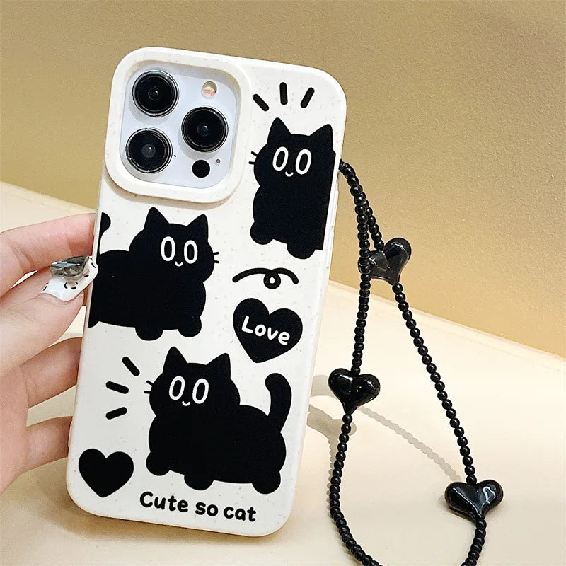 Korea Cute Cartoon Black Cat Wheat Phone Case For iPhone 15 14 13 12 11 Pro Max MINI 8 7 Plus XS XR 15PRO Love Chain Back Cover