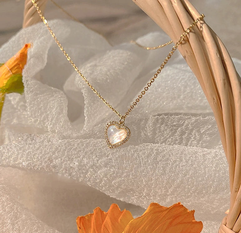 Trendy Fine 14K Real Gold Heart Shaped Opal Chain Pendant Necklace for Women Temperament Jewelry Shiny AAA Zircon Wedding Gift