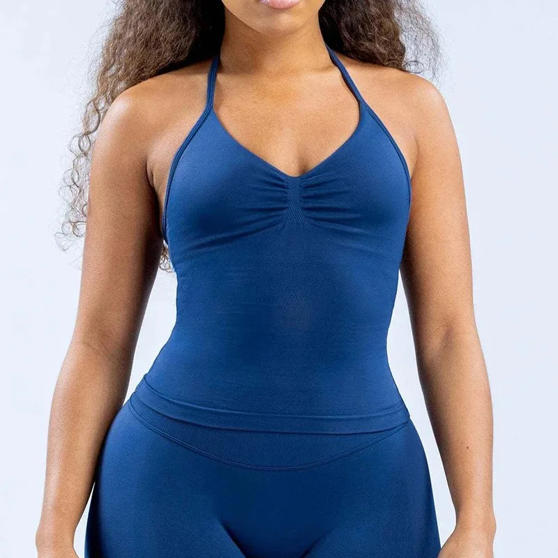 Gym Beautiful Open Back Bra Running Workout Halter Impact Longline Strappy Top Sports Yoga Vest Women's Fitness Tank Top