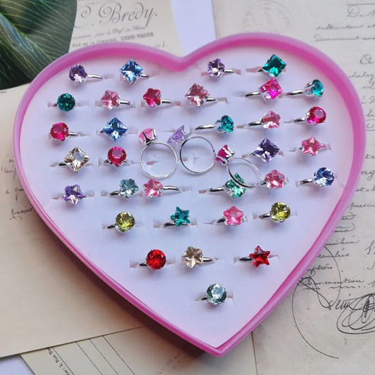 10pcs New Children's Crystal Rings Colorful Star Flower Shape Adjustable Alloy Finger Rings Kids Girls Toys Without Box