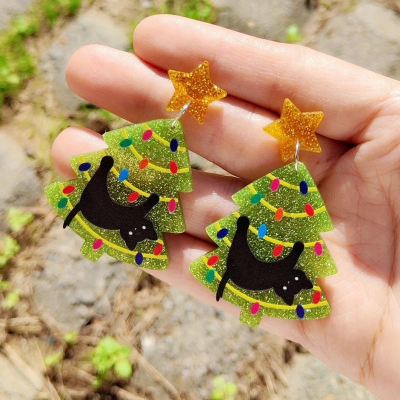 KUGUYS Christmas Gifts Lovely Women's  Drop Earrings Cartoon Cat Tree Acrylic New Year Jewellery
