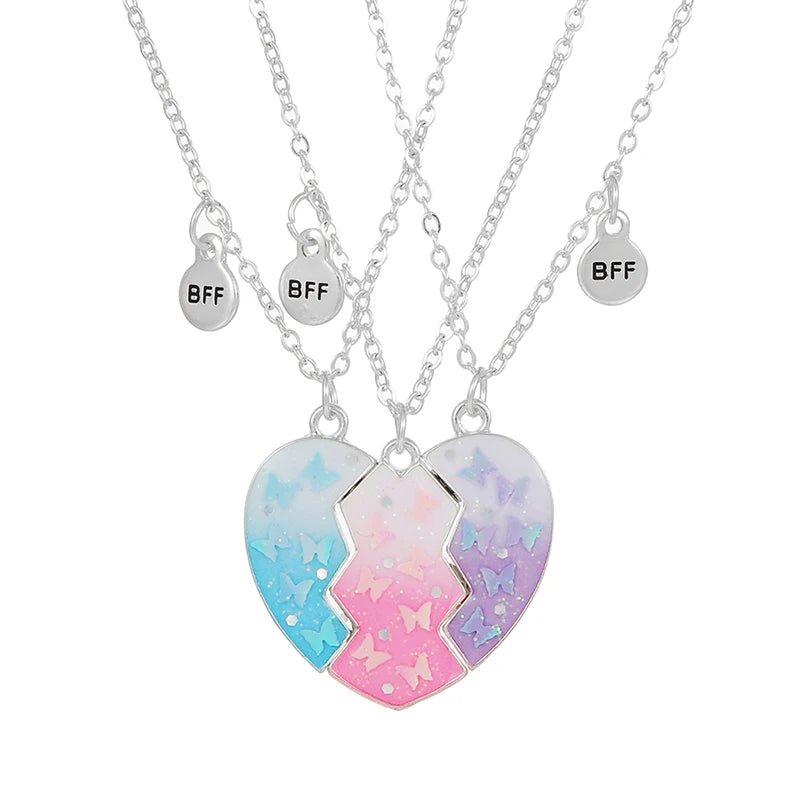 3Pcs/set Colorful Butterfly Glitter Broken Peach Heart Pendant for 3 Girls Friendship BFF Necklaces Best Friend Jewelry Gifts