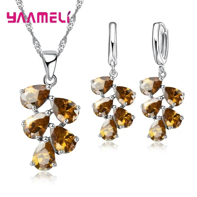 Anniversary Gift For Women Trendy 925 Sterling Silver Jewelry Sets Cubic Zirconia Pendants Necklaces Charm Hoop Earrings