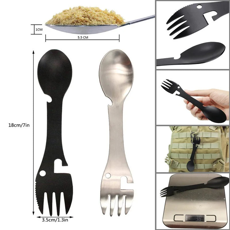 Outdoor Survival Tools 5 In 1 Camping Multi-Functional EDC Practical Kit Fork Knife Spoon Bottle/Can Opener
