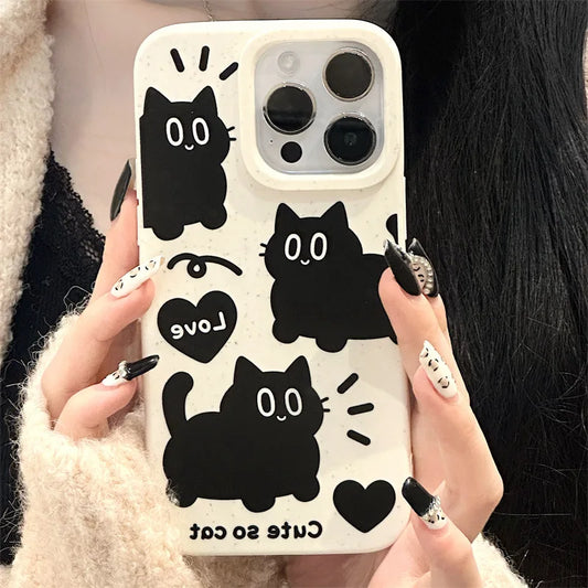 Korea Cute Cartoon Black Cat Wheat Phone Case For iPhone 15 14 13 12 11 Pro Max MINI 8 7 Plus XS XR 15PRO Love Chain Back Cover