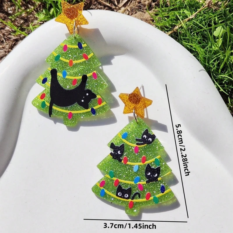 KUGUYS Christmas Gifts Lovely Women's  Drop Earrings Cartoon Cat Tree Acrylic New Year Jewellery