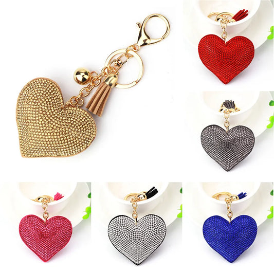 Women Girls Heart Rhinestone Key Chains Solid Color Tassels Luxury Design Couple Waist Buckle Keyring Bag Hanging Accessories