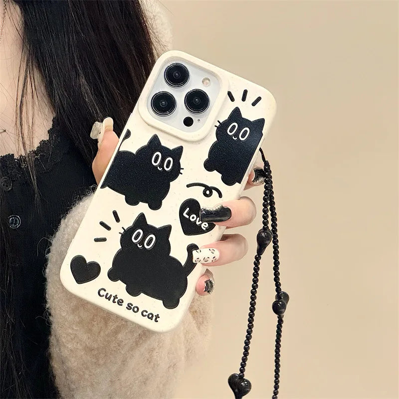 Korea Cute Cartoon Black Cat Wheat Phone Case For iPhone 15 14 13 12 11 Pro Max MINI 8 7 Plus XS XR 15PRO Love Chain Back Cover