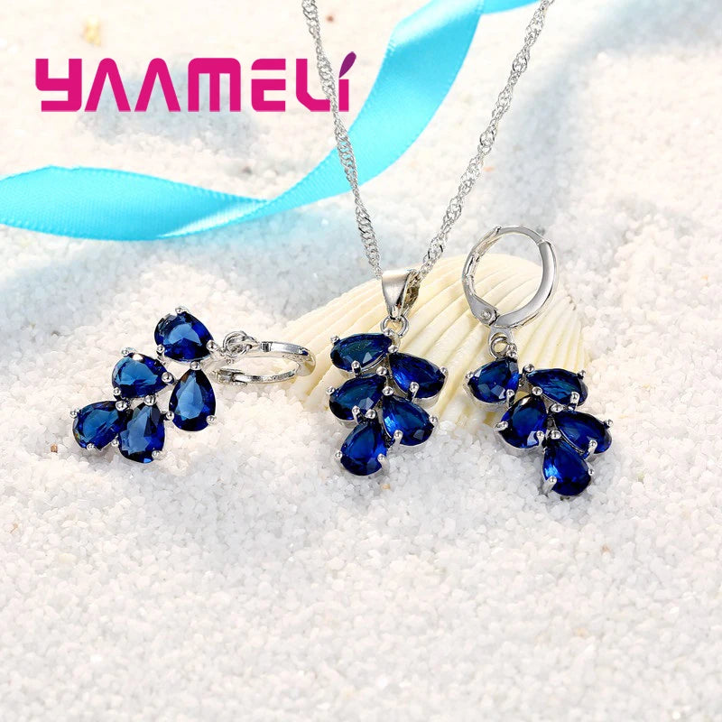 Anniversary Gift For Women Trendy 925 Sterling Silver Jewelry Sets Cubic Zirconia Pendants Necklaces Charm Hoop Earrings