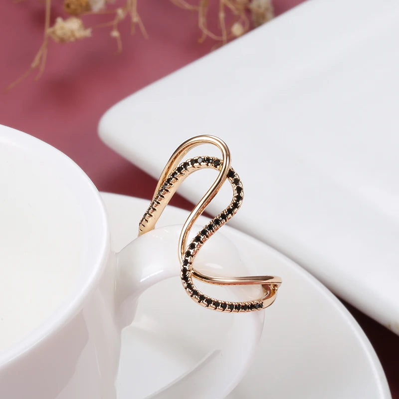 Exaggerated Design Full Black Zircon Double Twist Women's Rings 585 Gold Color Gothic Jewelry Party Daily Unusual Accessories