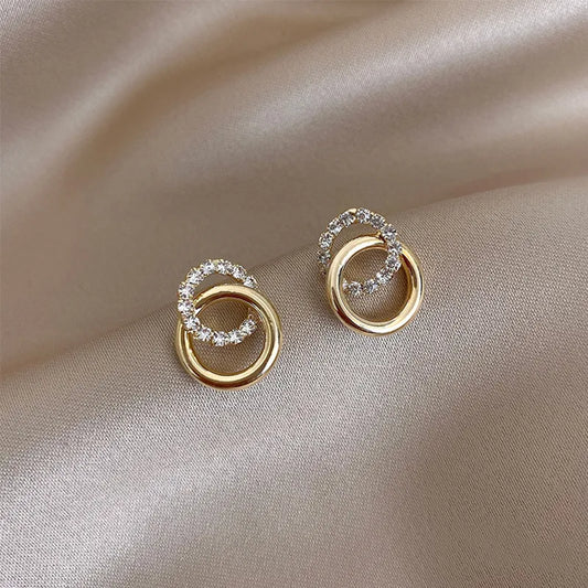 Korean Simple Double Circle Gold Color Metal crystal Stud Earrings For Women Fashion Exquisite Jewelry Best Friend Gifts