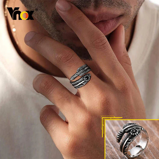Vnox Boho Retro Feather Rings for Men, Antique Color Stainless Steel Wings Style Finger Ring,Rock Punk Male Jewelry