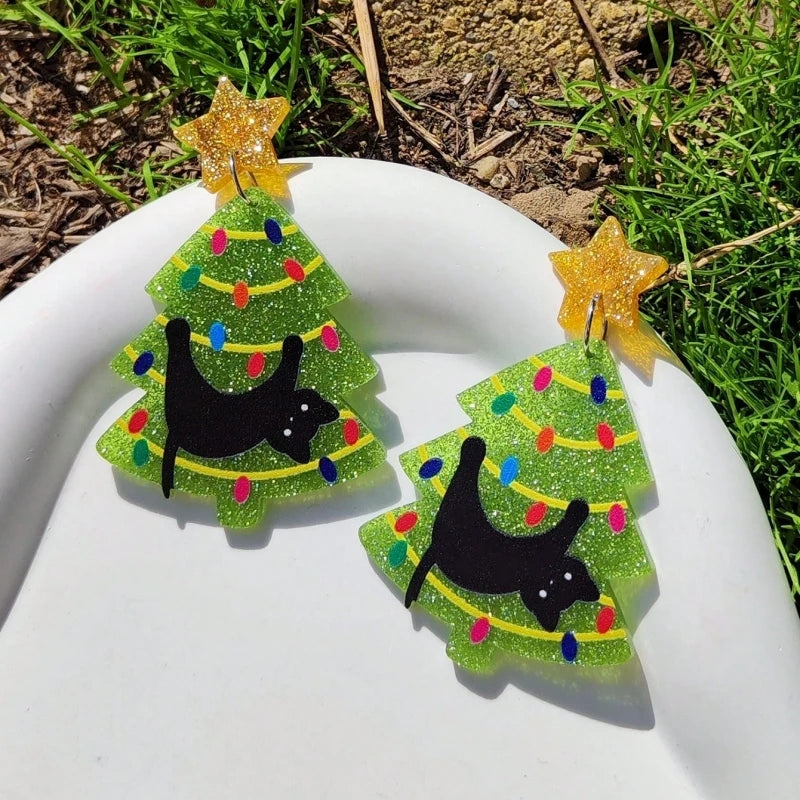 KUGUYS Christmas Gifts Lovely Women's  Drop Earrings Cartoon Cat Tree Acrylic New Year Jewellery