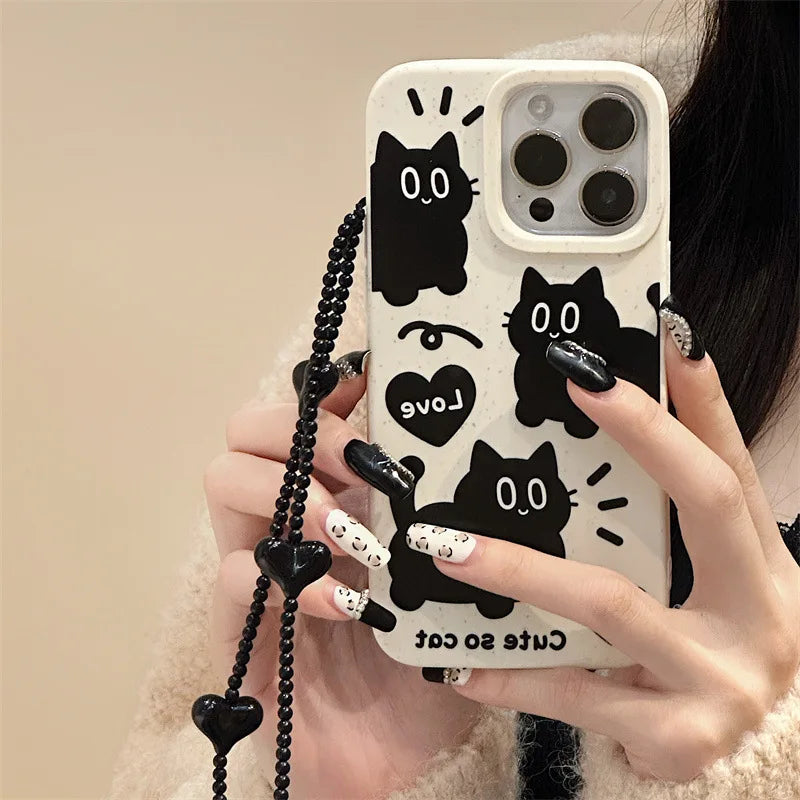 Korea Cute Cartoon Black Cat Wheat Phone Case For iPhone 15 14 13 12 11 Pro Max MINI 8 7 Plus XS XR 15PRO Love Chain Back Cover